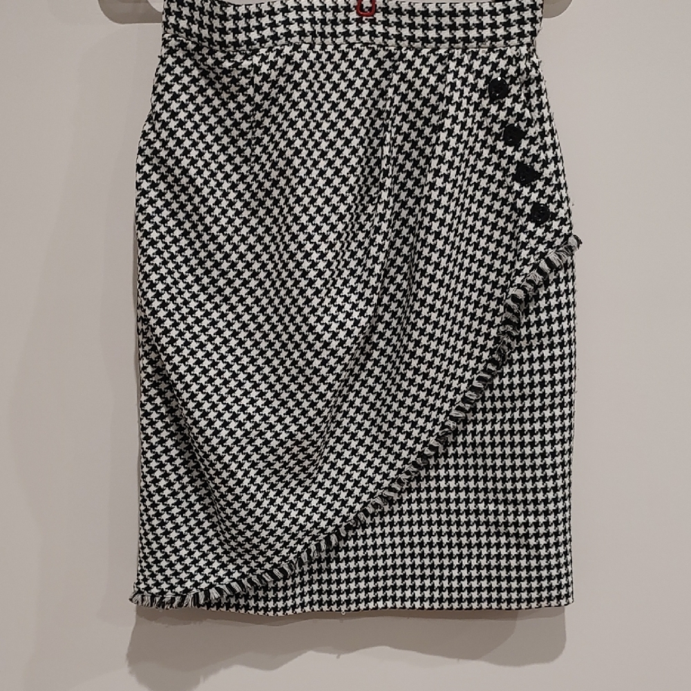 Elegant Black & White Houndstooth Fringe Faux Wrap Skirt, Career Piece, Vintage